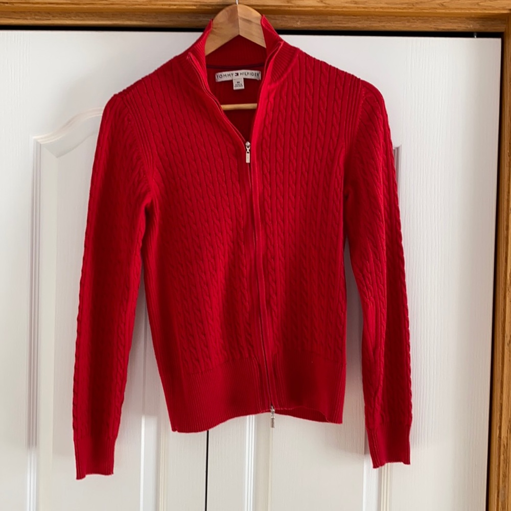 Tommy Hilfiger Full Zip Size M Red Cable Sweater